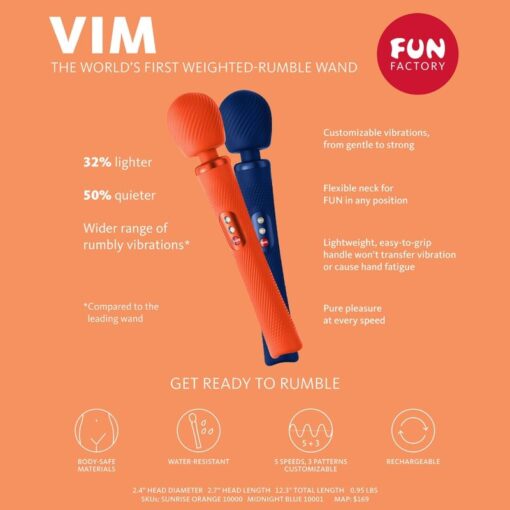 FUN FACTORY – VIM WAND RUMBLE VIBRADOR RECARGABLE SILICONA AZUL MEDIANOCHE - intimamenities.com