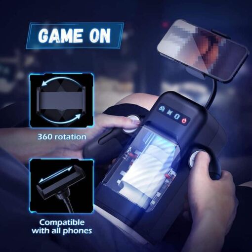 GAME CUP - MASTURBADOR MASCULINO CON VIBRACIàN Y FUNCIàN CALOR CON SOPORTE PARA MàVILES - NEGRO - Imagen 3