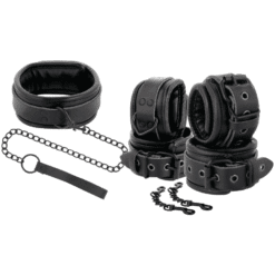 Comprar DARKNESS - ESPOSAS Y COLLAR DE CUERO NEGRO al mejor precio - Envíos Discretos