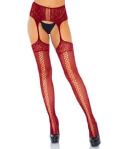LEG AVENUE - MEDIAS DE ENCAJES CON LIGUERO BURDEOS TALLA ÚNICA