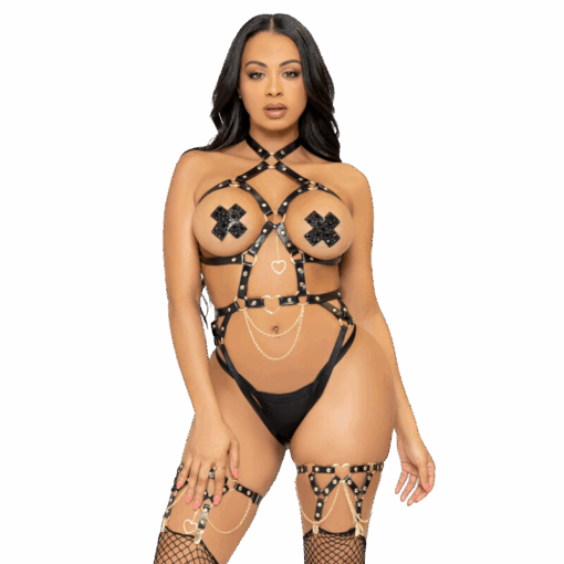 LEG AVENUE - KINK TEDDY ARNÉS CON ARO DE CORAZÓN TALLA S - NEGRO