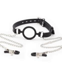OHMAMA FETISH - MORDAZA DE ANILLA CON CADENAS Y PINZAS PEZONES
