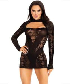 LEG AVENUE - MINI VESTIDO DE ENCAJE CON MANGA LARGA NEGRO