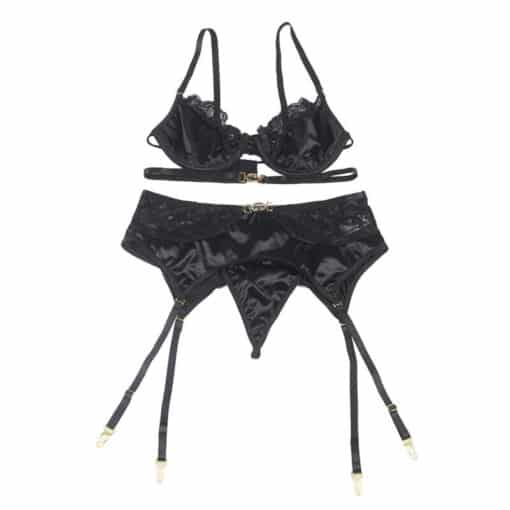 SUBBLIME - SET DE 3 PIEZAS SUJETADOR + TANGA + LIGA ENCAJE NEGRO S/M - Imagen 4