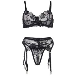 SUBBLIME - SET DE 3 PIEZAS SUJETADOR + TANGA + LIGA ESTAMPADO FLORAL NEGRO L/XL - piKanteo | Despierta tu lado más piKante