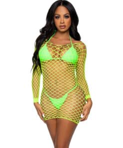 LEG AVENUE - VESTIDO DE REJILLA MANGA LARGA VERDE TALLA ÚNICA