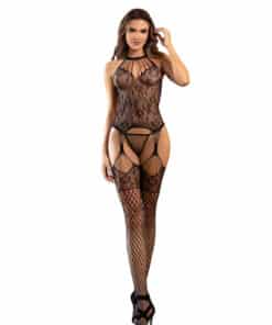 SUBBLIME - 952136 BODYSTOCKING CROTCHLESS DE REJILLA CON DETALLES FLORALES Y CUELLO HALTER NEGRO TALLA ÚNICA