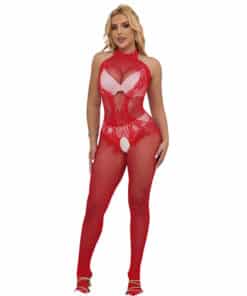 SUBBLIME - 952372 BODYSTOCKING CROTCHLESS DE REJILLA Y ENCAJE CON CUELLO ALTO ROJO TALLA ÚNICA