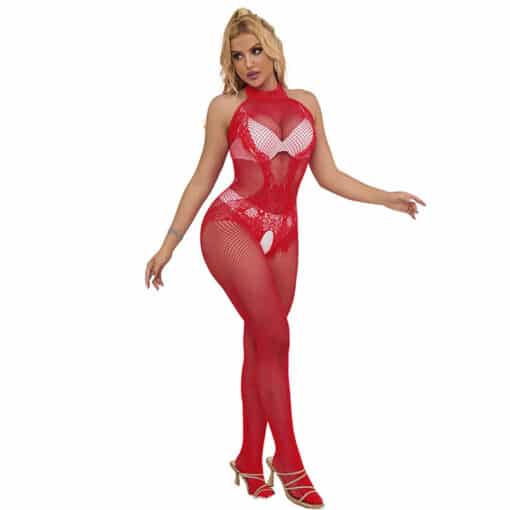 SUBBLIME - 952372 BODYSTOCKING CROTCHLESS DE REJILLA Y ENCAJE CON CUELLO ALTO ROJO TALLA ÚNICA - Imagen 2