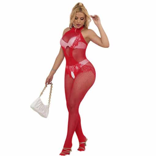 SUBBLIME - 952372 BODYSTOCKING CROTCHLESS DE REJILLA Y ENCAJE CON CUELLO ALTO ROJO TALLA ÚNICA - Imagen 4
