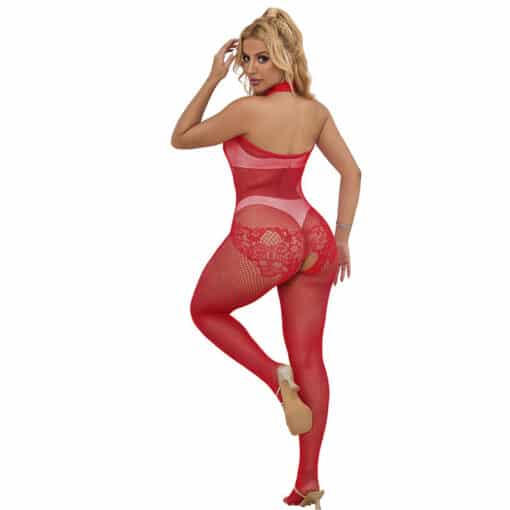 SUBBLIME - 952372 BODYSTOCKING CROTCHLESS DE REJILLA Y ENCAJE CON CUELLO ALTO ROJO TALLA ÚNICA - Imagen 6