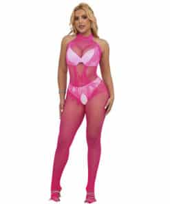 SUBBLIME - 952389 BODYSTOCKING CROTCHLESS DE REJILLA Y ENCAJE CON CUELLO ALTO ROSA TALLA ÚNICA
