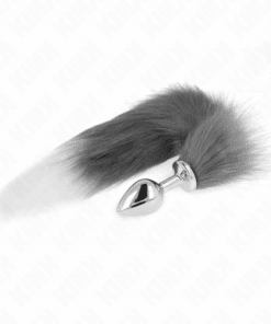 KINK - PLUG ANAL TALLA M 8 X 3.5 CM CON COLA SINTÉTICA 40 CM PLATEADO Y BLANCO