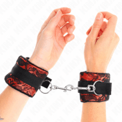 KINK - MUÑEQUERAS CORTAS DE ENCAJE TERCIOPELO Y UNIÓN DE NYLON ROJO/NEGRO 23 X 6.5 CM - piKanteo | Despierta tu lado más piKante