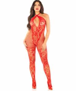 LEG AVENUE - BODYSTOCKING DE REJILLA CON ESTAMPADO DE FLORES ROJO TALLA ÚNICA