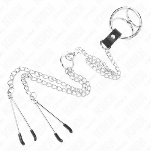 KINK - ANILLO PENE TRIPLE METAL CROMADO 3 CM A 4.5 CM CON CADENA METAL 26 CM Y PINZAS PARA PEZONES - Imagen 4