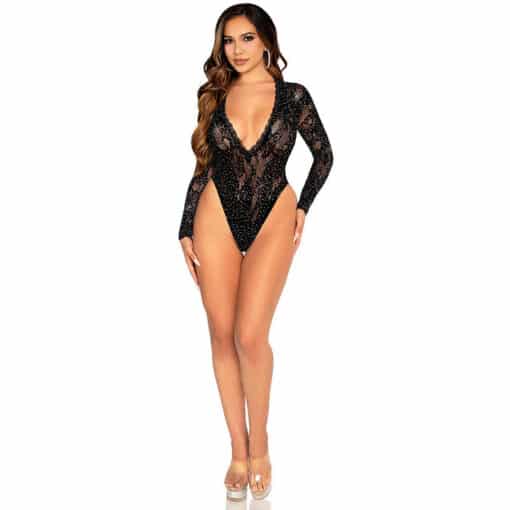 LEG AVENUE - BODY DE ENCAJE Y MANGA LARGA CON DIAMANTES NEGRO TALLA ÚNICA - Imagen 4