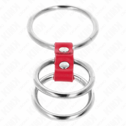 KINK - ANILLO PENE TRIPLE METAL 3.7 CM A 5 CM CONECTADOS CON CUERO ROJO - piKanteo | Despierta tu lado más piKante
