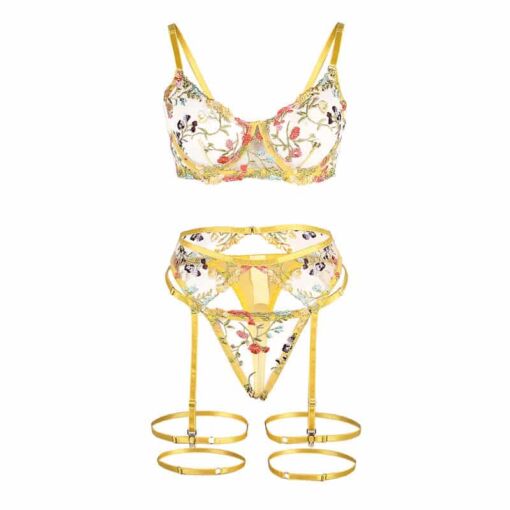 SUBBLIME - 954345 SUJETADOR + TANGA + LIGUEROS DISEÑO FLORAL AMARILLO S/M - Imagen 6