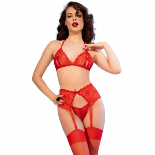 CHILIROSE - CR 4848 SET SUJETADOR + TANGA + MEDIAS DE ENCAJE ROJO L