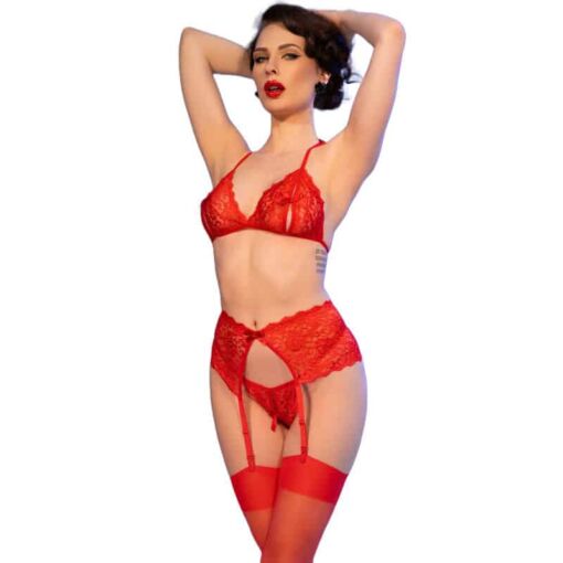 CHILIROSE - CR 4848 SET SUJETADOR + TANGA + MEDIAS DE ENCAJE ROJO L - Imagen 3