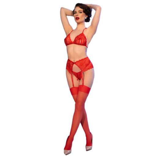 CHILIROSE - CR 4848 SET SUJETADOR + TANGA + MEDIAS DE ENCAJE ROJO L - Imagen 4