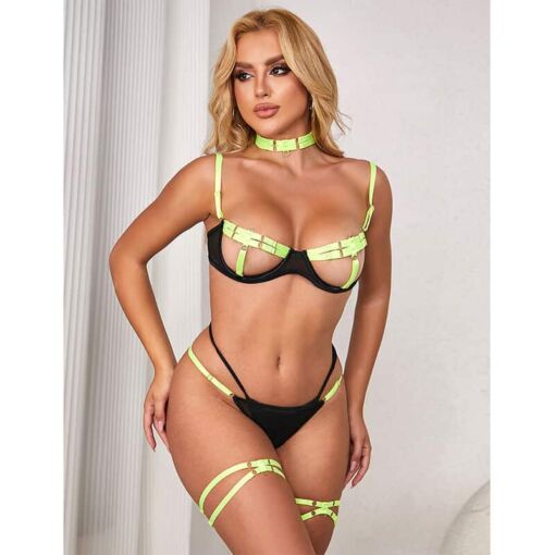 SUBBLIME - 955274 SET SUJETADOR CON COLLAR Y DETALLES PARA PIERNAS VERDE FLUORESCENTE S/M - Imagen 12