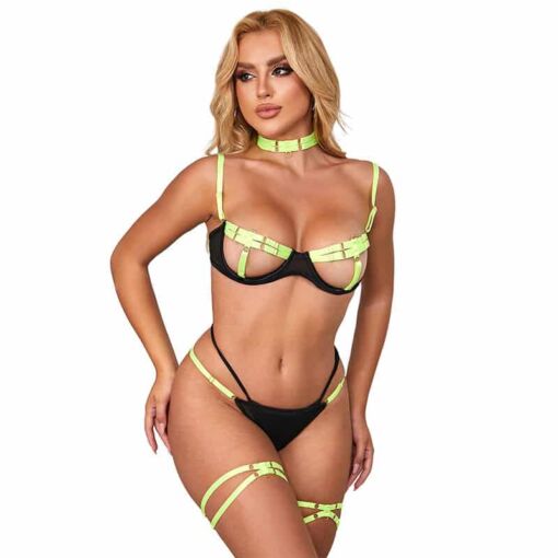 SUBBLIME - 955274 SET SUJETADOR CON COLLAR Y DETALLES PARA PIERNAS VERDE FLUORESCENTE S/M - Imagen 4