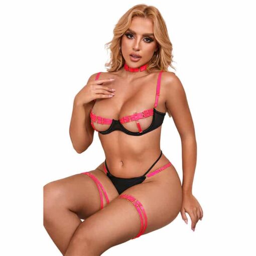 SUBBLIME - 955298 SET SUJETADOR CON COLLAR Y DETALLES PARA PIERNAS ROSA FLUORESCENTE S/M - Imagen 3