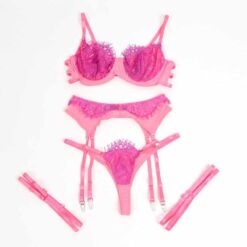 SUBBLIME - 955359 SET SUJETADOR CON ENCAJE Y LIGUEROS ROSA Y MORADO S/M - piKanteo | Despierta tu lado más piKante