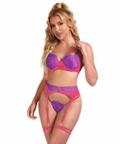 SUBBLIME - 955366 SET SUJETADOR CON ENCAJE Y LIGUEROS ROSA Y MORADO L/XL