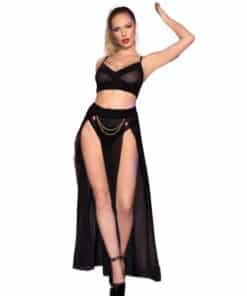 CHILIROSE - CR 4672 TOP NEGRO FALDA Y TANGA CON CADENAS DORADAS M