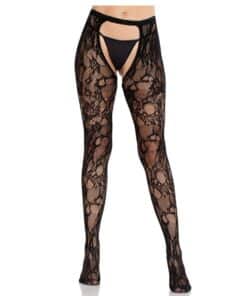 LEG AVENUE - MEDIAS DE ENCAJE DE ROSAS CON PARTE TRASERA ABIERTA NEGRO