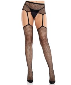 LEG AVENUE - MEDIAS DE ENCAJE CON CRUZ Y PORTALIGAS NEGRO