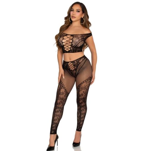 LEG AVENUE - CROP TOP Y LEGGING DE REJILLA CON HOMBROS DESCUBIERTOS NEGRO - Imagen 2
