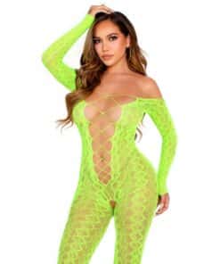 LEG AVENUE - BODYSTOCKING SIN ENTREPIERNA DE ENCAJE DE SERPIENTE EXÓTICA VERDE NEÓN