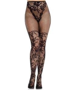 LEG AVENUE - MEDIAS DE ENCAJE DAHLIA CON DETALLE DE RED NEGRO
