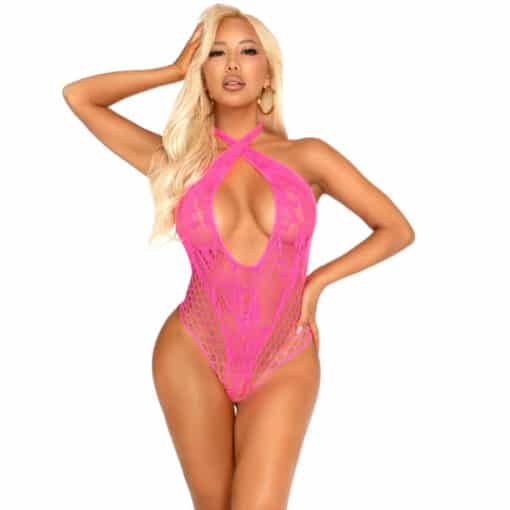 LEG AVENUE - BODY CRUZADO AL CUELLO DE ENCAJE ROSA TALLA ÚNICA
