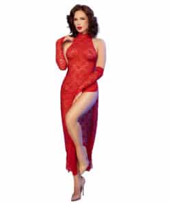 CHILIROSE - CR 4853 VESTIDO ROJO DE ENCAJE CON GUANTES S/M