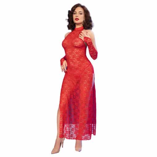 CHILIROSE - CR 4853 VESTIDO ROJO DE ENCAJE CON GUANTES S/M - Imagen 3