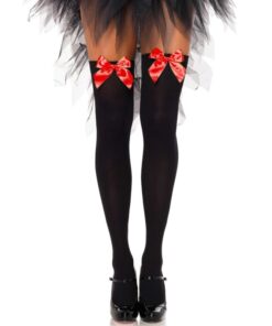 LEG AVENUE - MEDIAS ALTAS NEGRAS CON LACITO ROJO TALLA ÚNICA