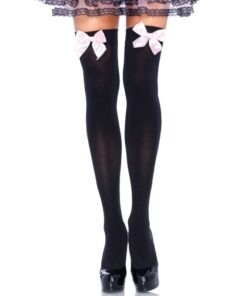 LEG AVENUE - MEDIAS ALTAS NEGRAS CON LACITO ROSA TALLA ÚNICA