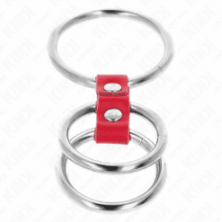 Comprar KINK - ANILLO PENE TRIPLE METAL 3.7 CM A 5 CM CONECTADOS CON CUERO ROJO al mejor precio - Envíos Discretos
