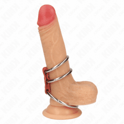 Comprar KINK - ANILLO PENE TRIPLE METAL 3.7 CM A 5 CM CONECTADOS CON CUERO ROJO al mejor precio - Envíos Discretos