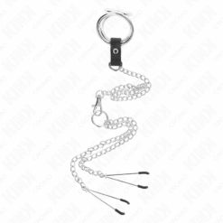 Comprar KINK - ANILLO PENE TRIPLE METAL CROMADO 3 CM A 4.5 CM CON CADENA METAL 26 CM Y PINZAS PARA PEZONES al mejor precio - Envíos Discretos
