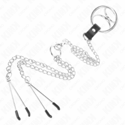 Comprar KINK - ANILLO PENE TRIPLE METAL CROMADO 3 CM A 4.5 CM CON CADENA METAL 26 CM Y PINZAS PARA PEZONES al mejor precio - Envíos Discretos