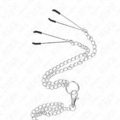 Comprar KINK - ANILLO PENE TRIPLE METAL CROMADO 3.8 CM A 5 CM CADENA METAL 26 CM Y PINZAS PARA PEZONES MODELO 2 al mejor precio - Envíos Discretos