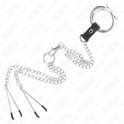 Comprar KINK - ANILLO PENE TRIPLE METAL CROMADO 3.8 CM A 5 CM CADENA METAL 26 CM Y PINZAS PARA PEZONES MODELO 2 al mejor precio - Envíos Discretos