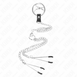 Comprar KINK - ANILLO PENE TRIPLE METAL CROMADO 3.8 CM A 5 CM CADENA METAL 26 CM Y PINZAS PARA PEZONES MODELO 2 al mejor precio - Envíos Discretos