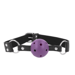 Comprar KINK - MORDAZA DE BOLA 4 CM TRANSPIRABLE CON DOBLE REMACHE MORADO 62 x 2.5 CM AJUSTABLE 42-58 CM al mejor precio - Envíos Discretos